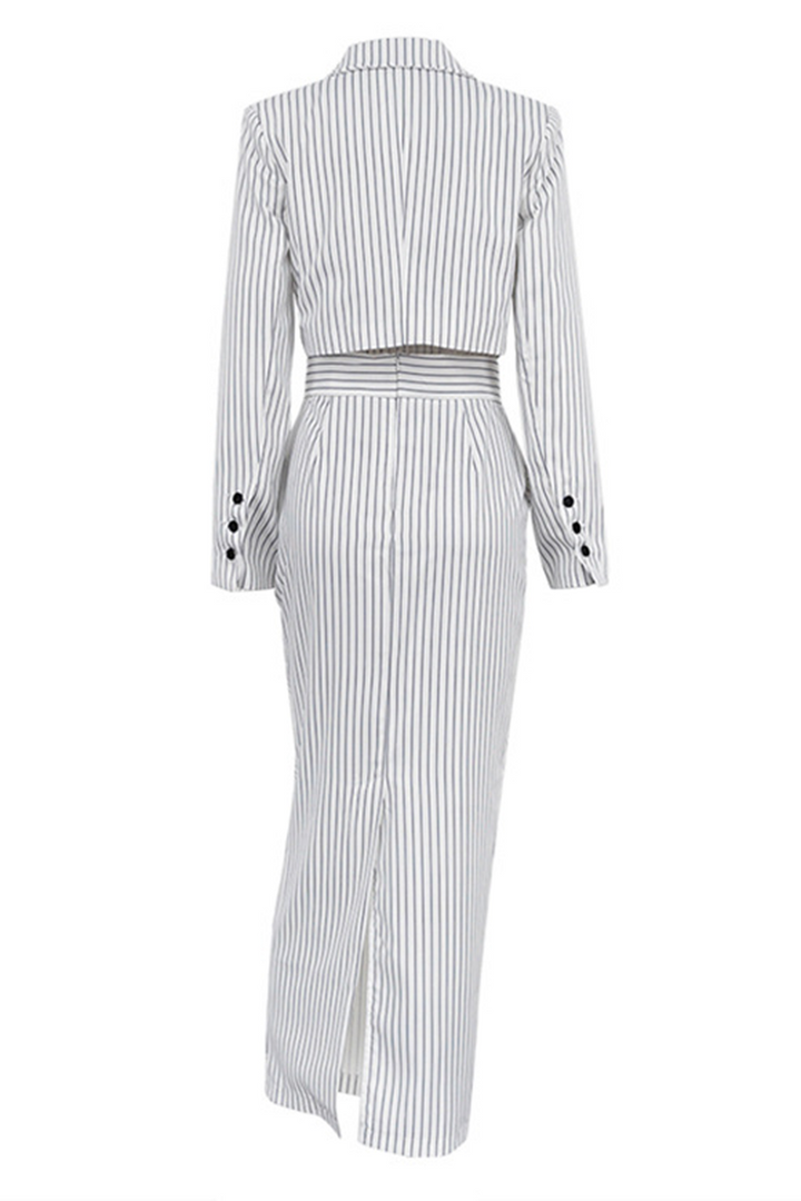 Stilla | Elegant Stribet Street Print, Knapper, Slids, Kontrast, Vendbar Krave, Lange Ærmer, To Dele