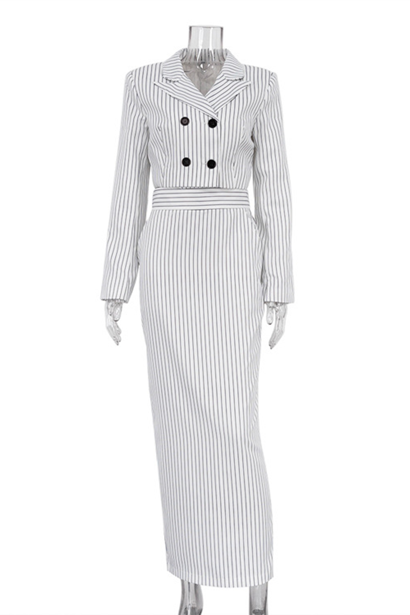 Stilla | Elegant Stribet Street Print, Knapper, Slids, Kontrast, Vendbar Krave, Lange Ærmer, To Dele