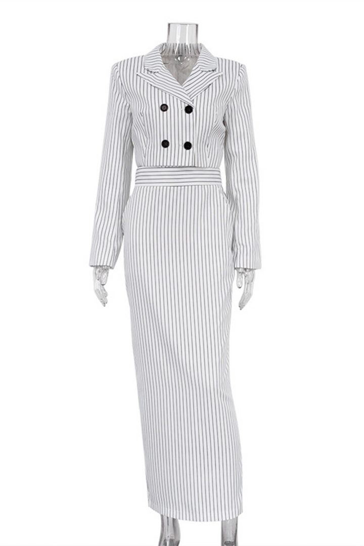 Stilla | Elegant Stribet Street Print, Knapper, Slids, Kontrast, Vendbar Krave, Lange Ærmer, To Dele