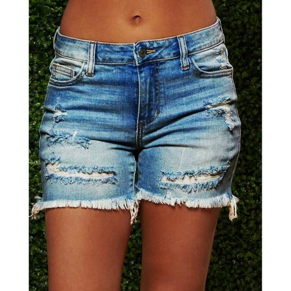 Damer ødelagte denim-shorts med frynset kant og høje sideskår Stilla