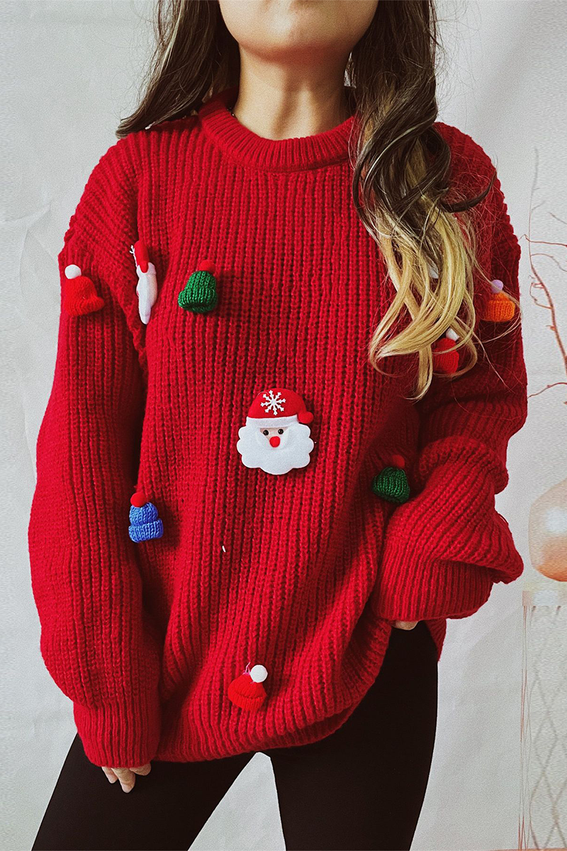 Stilla | Lækker Julemand Juletræ Patchwork Vævning Rundhals Sweater
