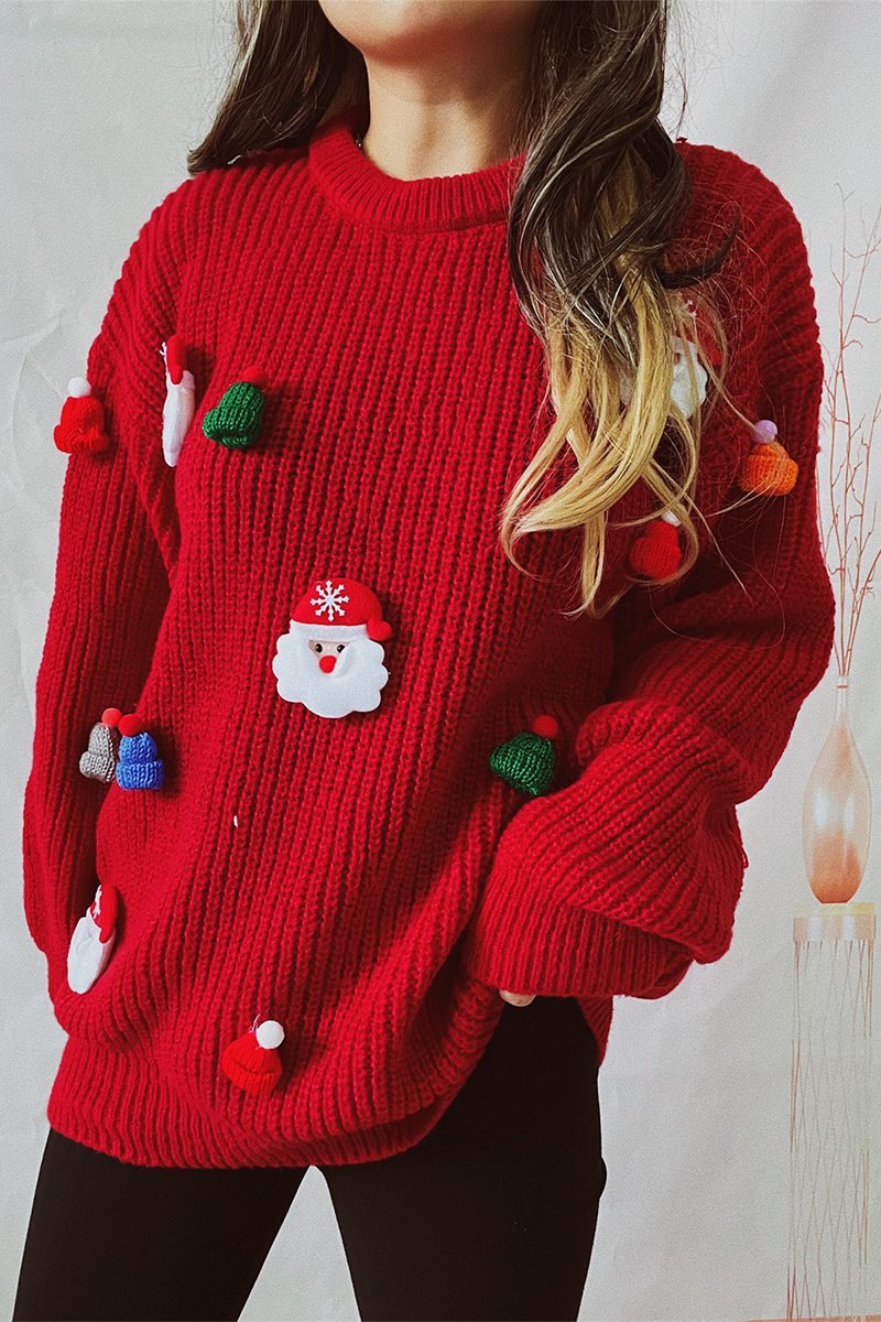 Stilla | Lækker Julemand Juletræ Patchwork Vævning Rundhals Sweater