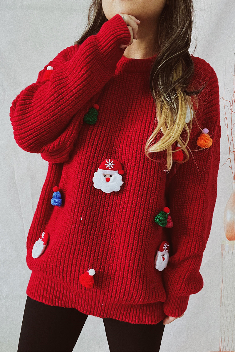 Stilla | Lækker Julemand Juletræ Patchwork Vævning Rundhals Sweater