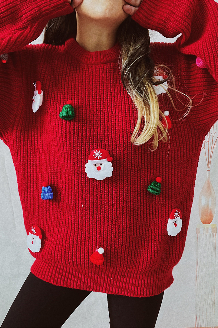 Stilla | Lækker Julemand Juletræ Patchwork Vævning Rundhals Sweater