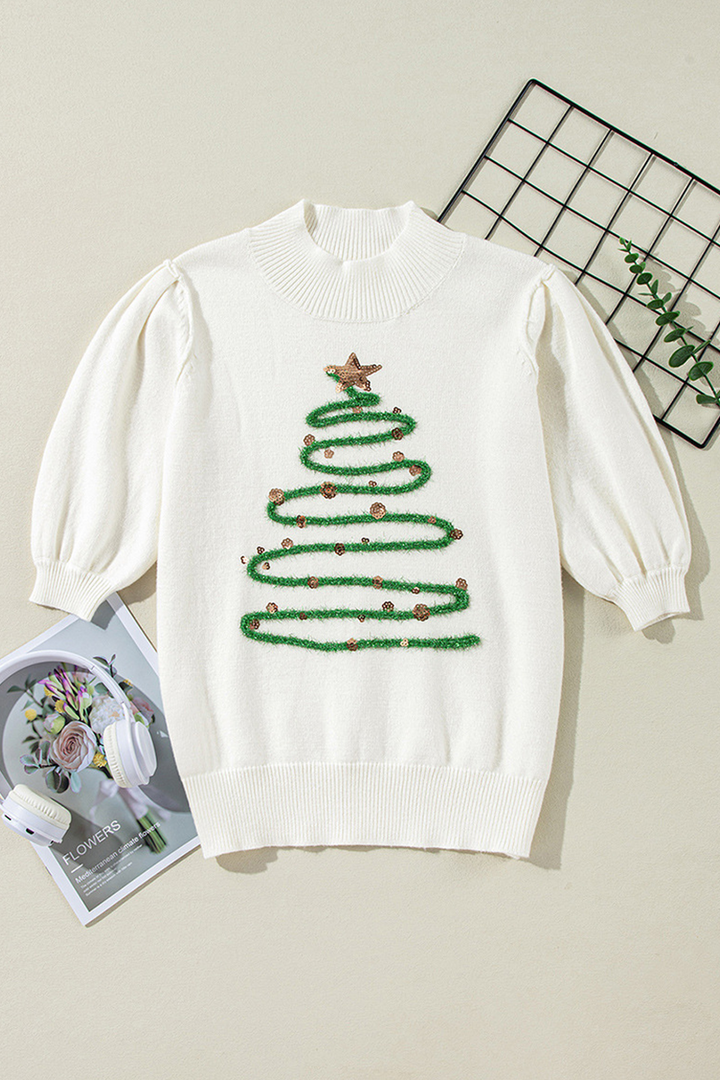 Stilla | Løs rullekrave sweater med patchwork af juletræ pailletter