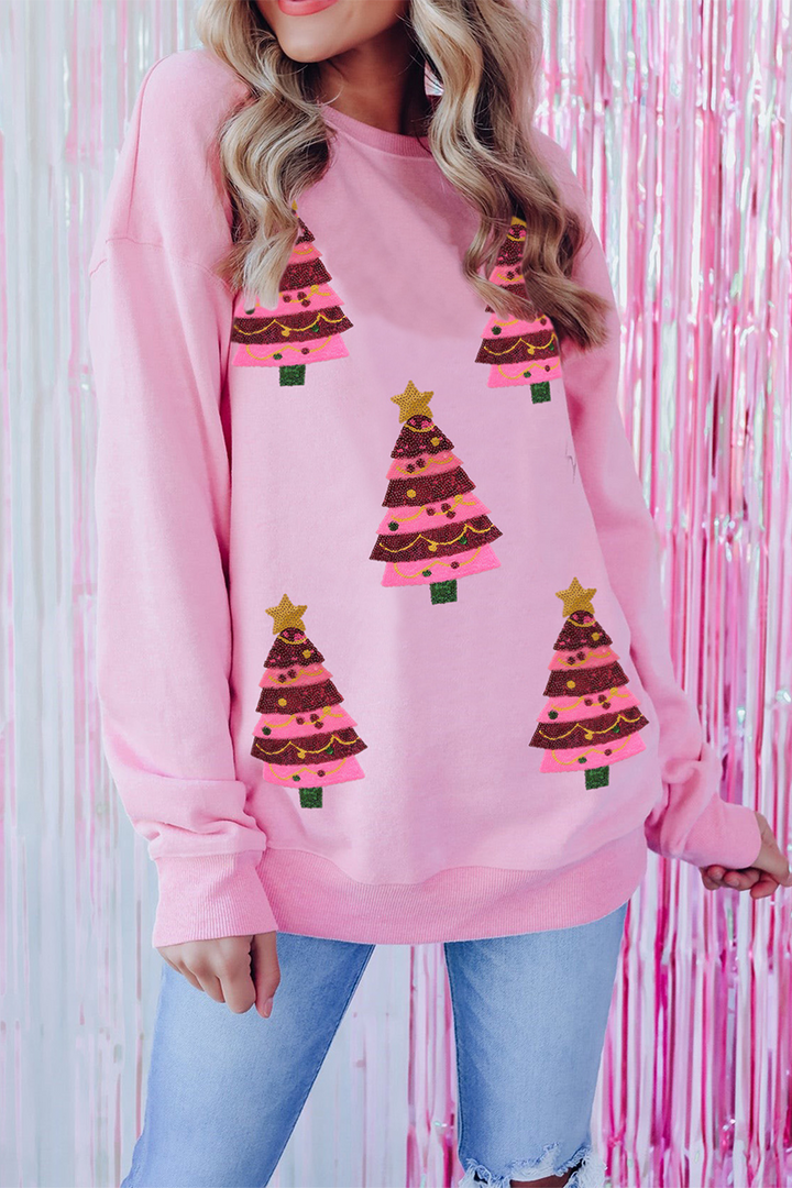 Stilla | Casual juletræ broderede pailletter rund hals sweatshirt