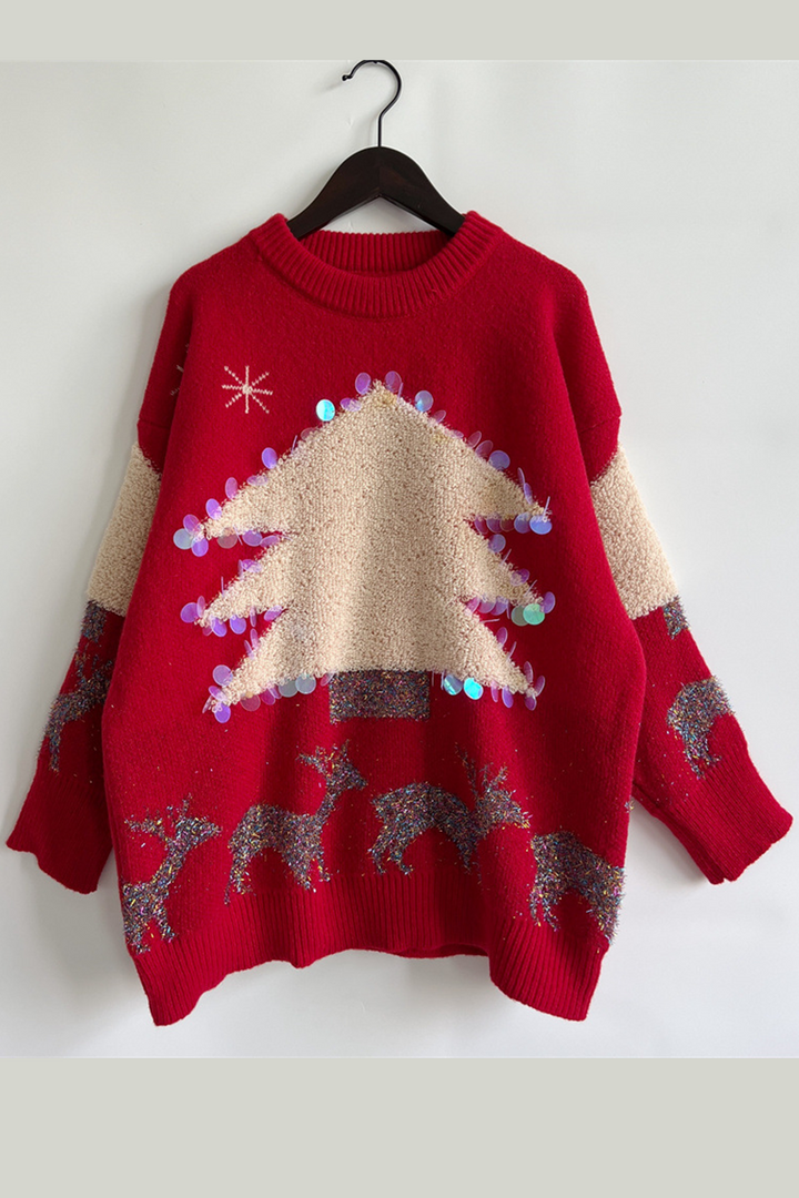 Stilla | Lækkert Juletræ Paillet Patch Rundhalset Pullover