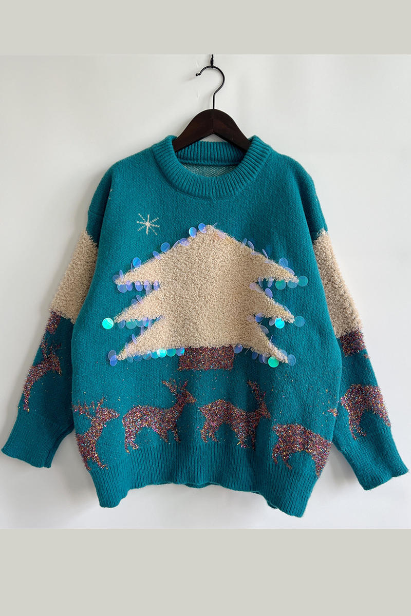 Stilla | Lækkert Juletræ Paillet Patch Rundhalset Pullover