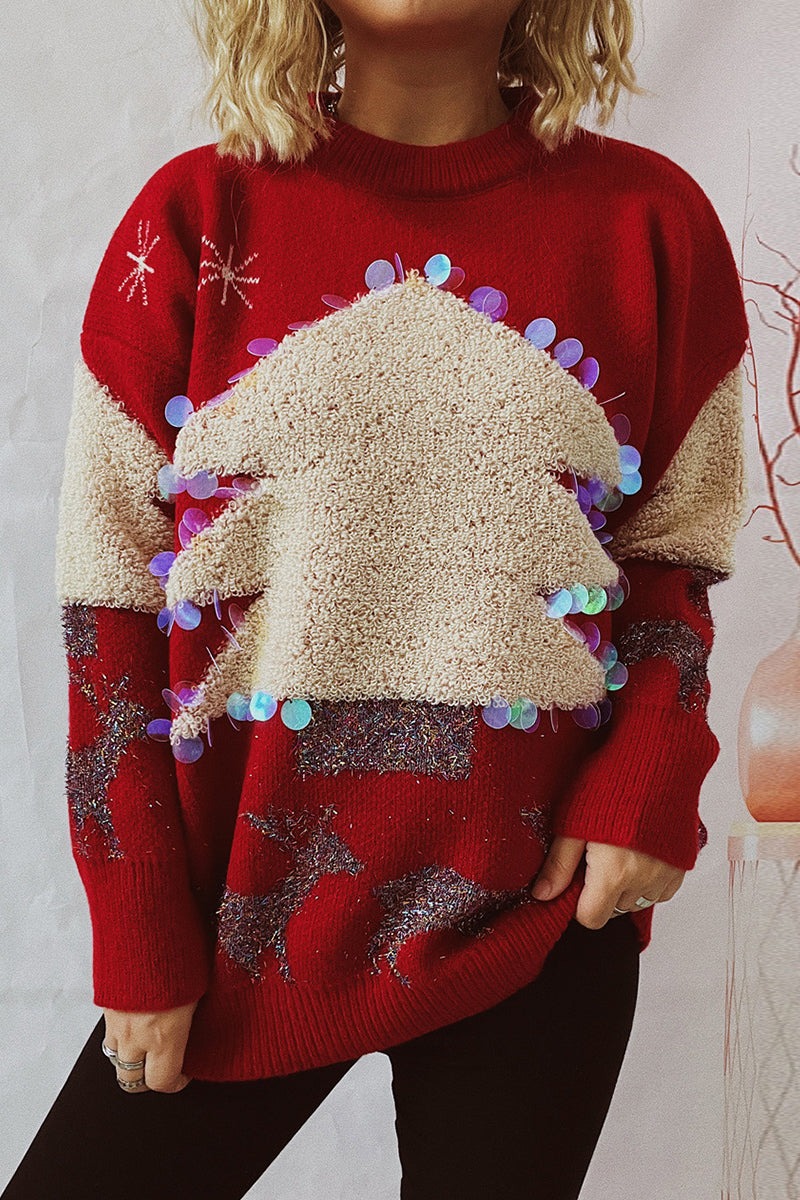 Stilla | Lækkert Juletræ Paillet Patch Rundhalset Pullover