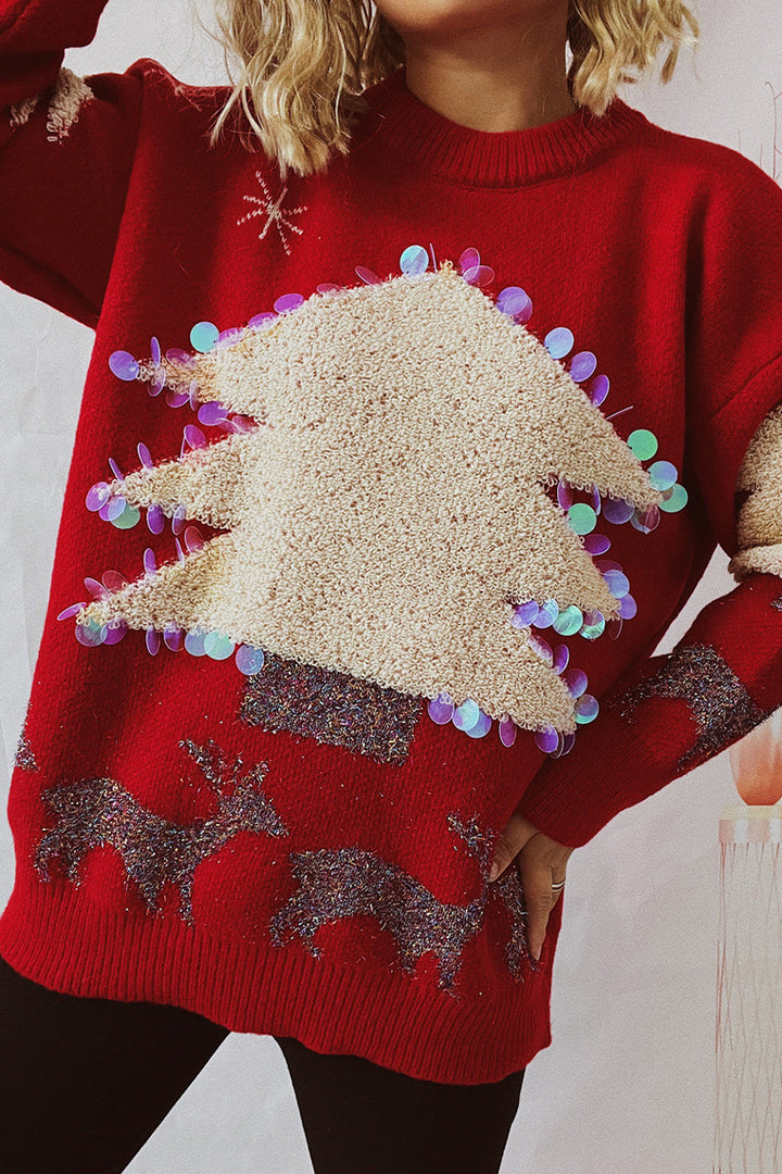 Stilla | Lækkert Juletræ Paillet Patch Rundhalset Pullover
