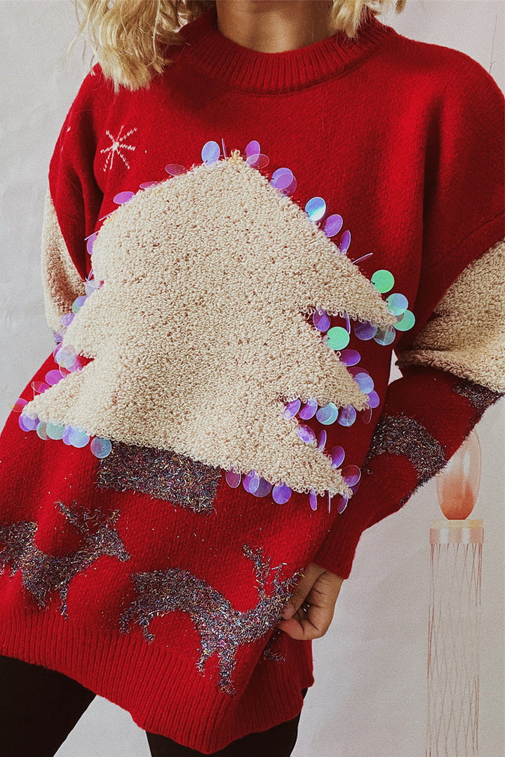 Stilla | Lækkert Juletræ Paillet Patch Rundhalset Pullover
