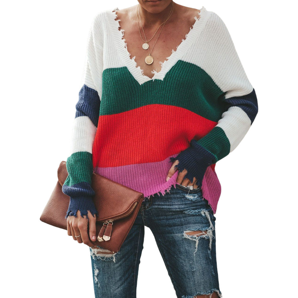Dame afslappet strikket pullover med dyb V-hals og moderne stribet mønster Stilla