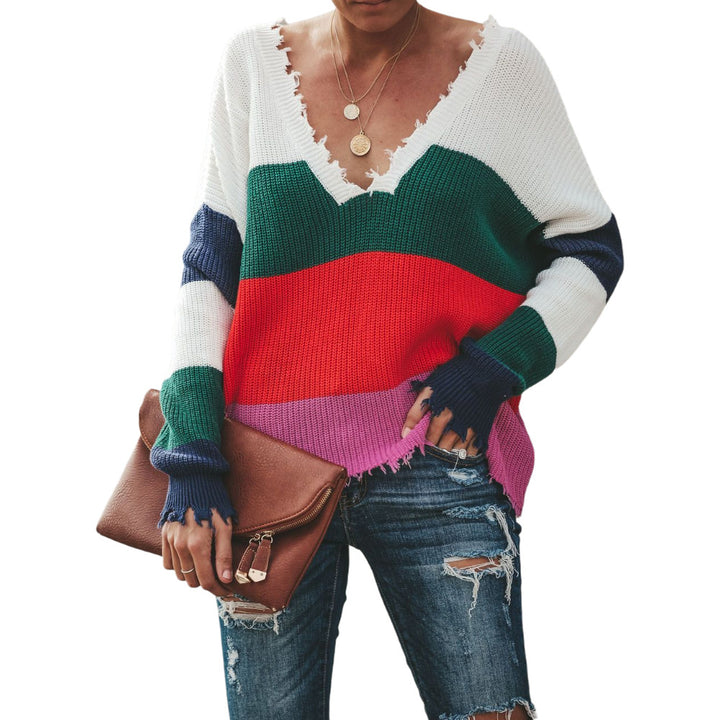 Dame afslappet strikket pullover med dyb V-hals og moderne stribet mønster Stilla