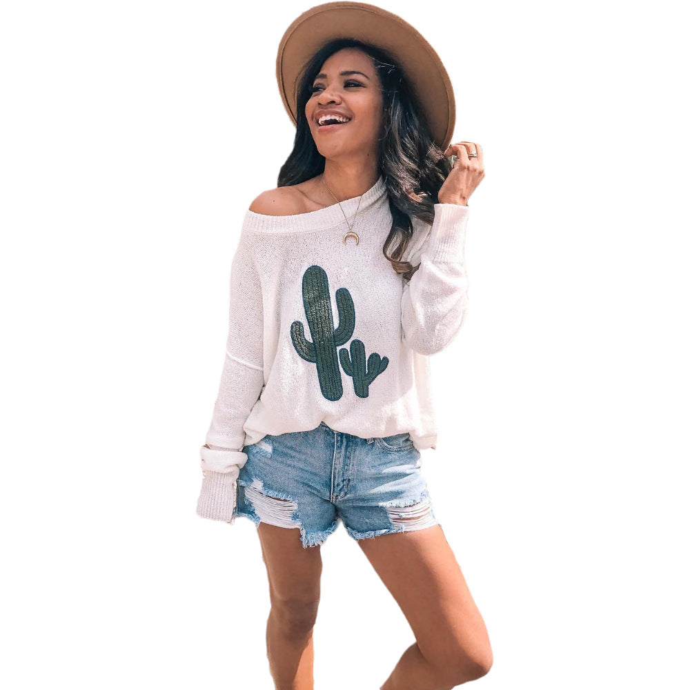 Dame oversized sweater med afslappet kaktusdesign og rund halsudskæring Stilla