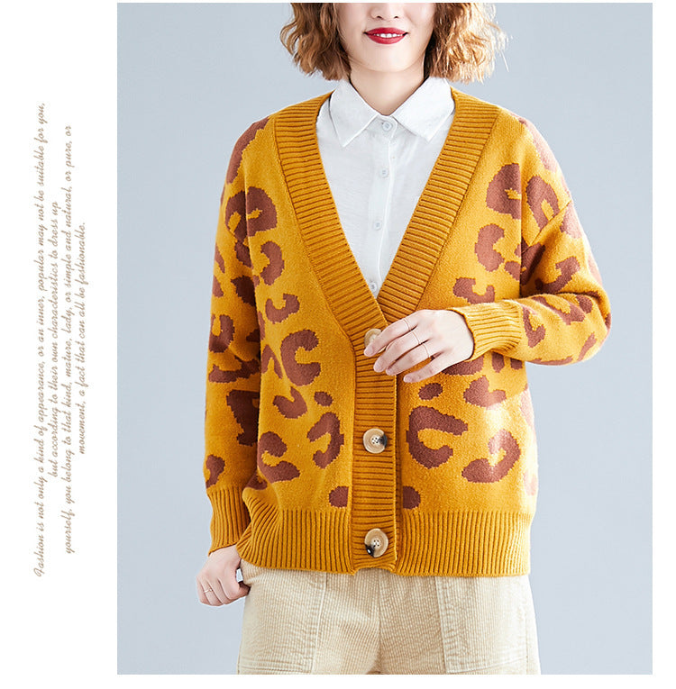 Kvinder's Stor Strik Cardigan med Leopard Mønster og Knap Detaljer Stilla