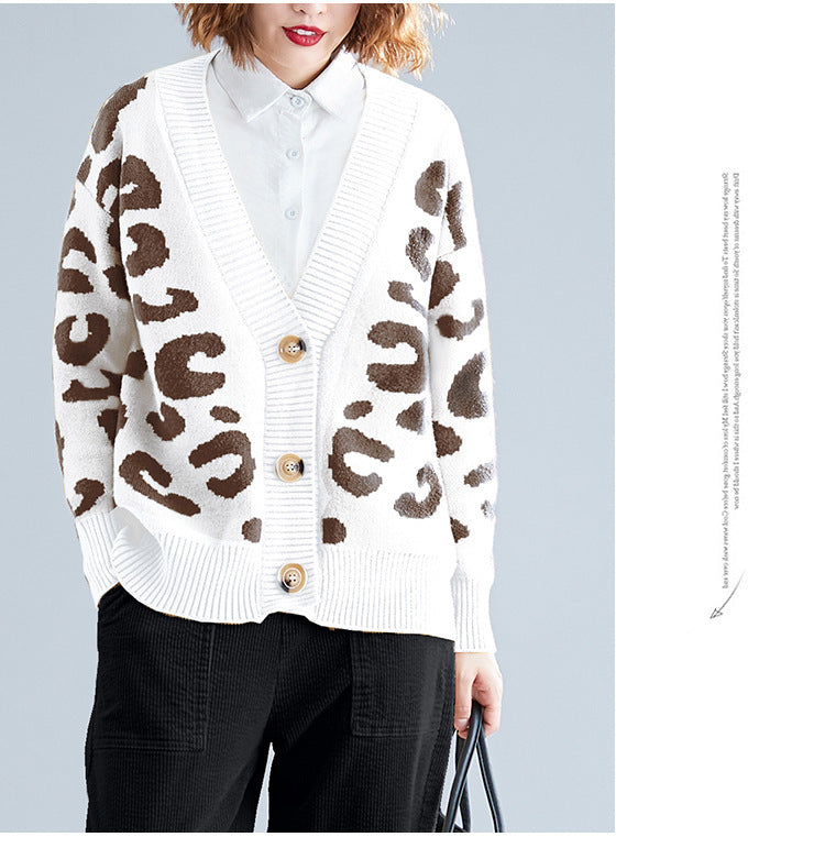 Kvinder's Stor Strik Cardigan med Leopard Mønster og Knap Detaljer Stilla