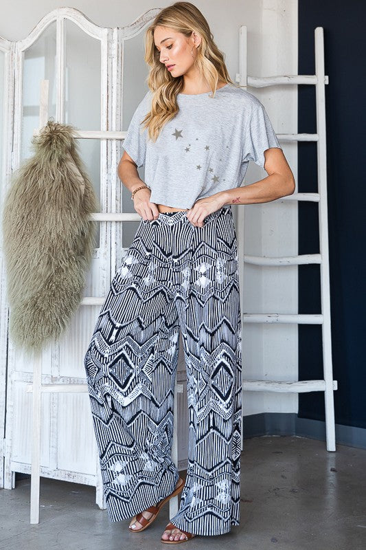 Stilla | Vintage Print Bred Bukser Med Lommer