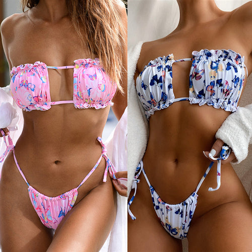 Dame Bandeau-bikini med flæsedetaljer og blomsterprint Skovae