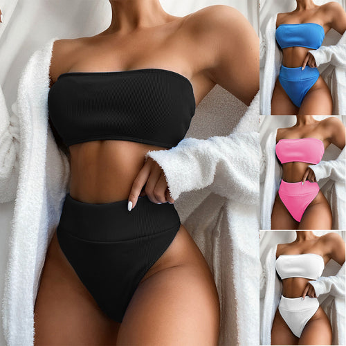 Dame Bandeau bikini sæt med høj talje og struktureret design Skovae