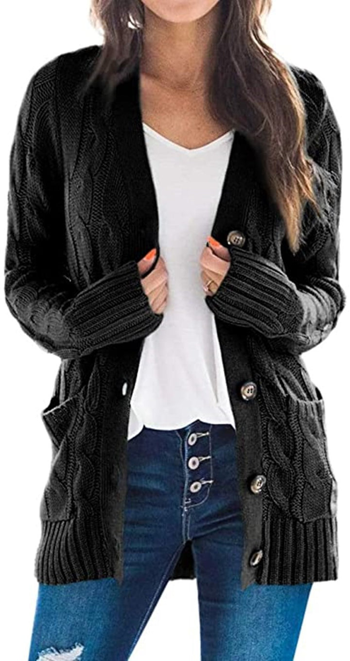 Kvindernes chunky strikkede cardigan med store knapper og praktiske lommer Stilla