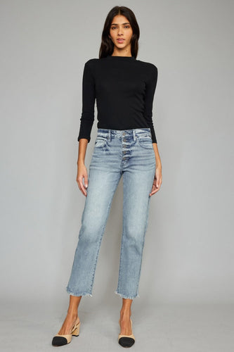 Stilla | Høj Talje Knap Fly Raw Hem Beskårede Lige Jeans
