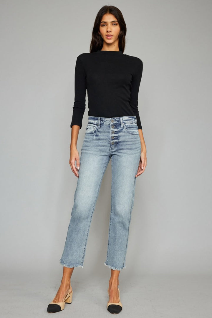 Stilla | Høj Talje Knap Lukning Rå Kant Cropped Straight Jeans