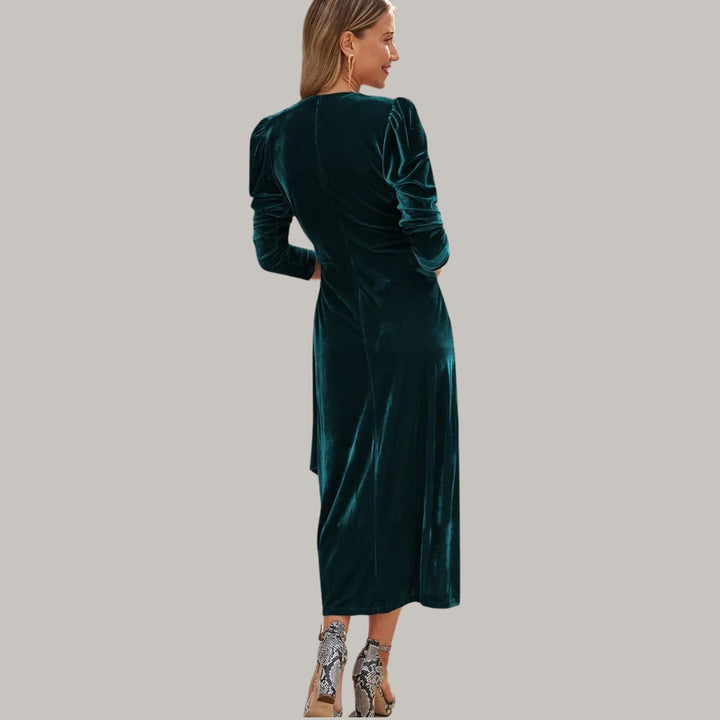 Stilla | Lang Midi Kjole Wrap-Type af Velours med Puffærmer