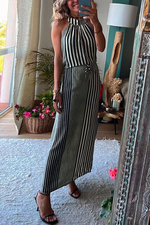 Stilla | Halter Ærmeløs Taljeret Stribet Maxi Kjole