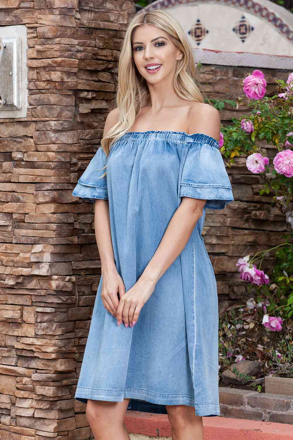 Stilla | Skulder Knælang Denim Kjole