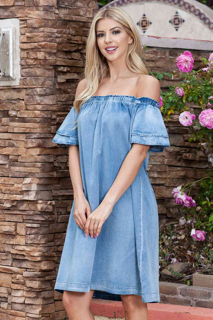 Stilla | Skulder Knælang Denim Kjole