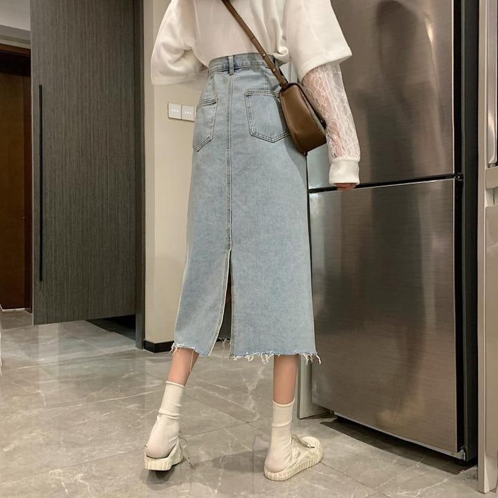 Kvinders casual denim midi nederdel med fransede kanter