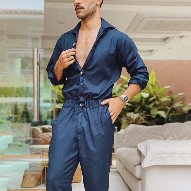 Herren nan utilitaristisk jumpsuit med skjortekrave, elastisk talje og koniske ben Skovae