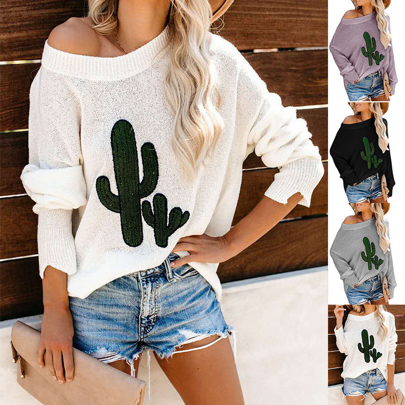 Dame oversized sweater med afslappet kaktusdesign og rund halsudskæring Stilla