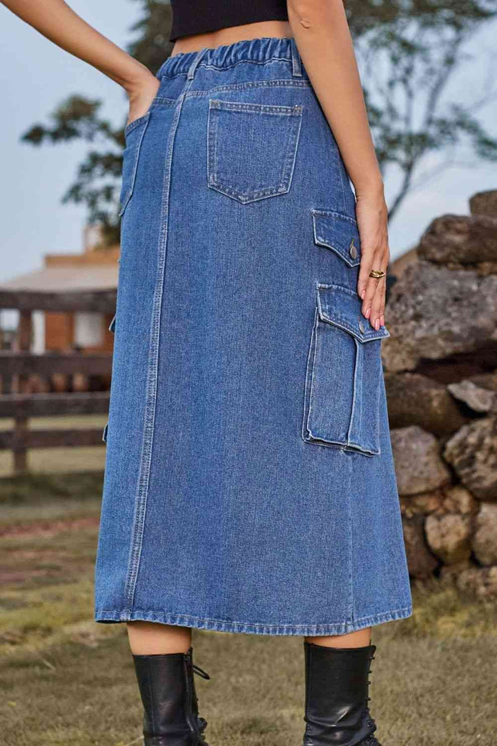 Stilla | Front Midi Denim Skirt Med Lommer