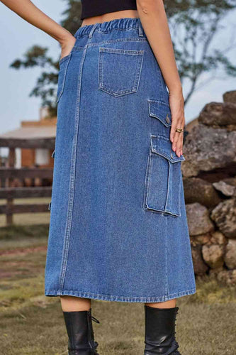 Stilla | Front Midi Denim Skirt Med Lommer
