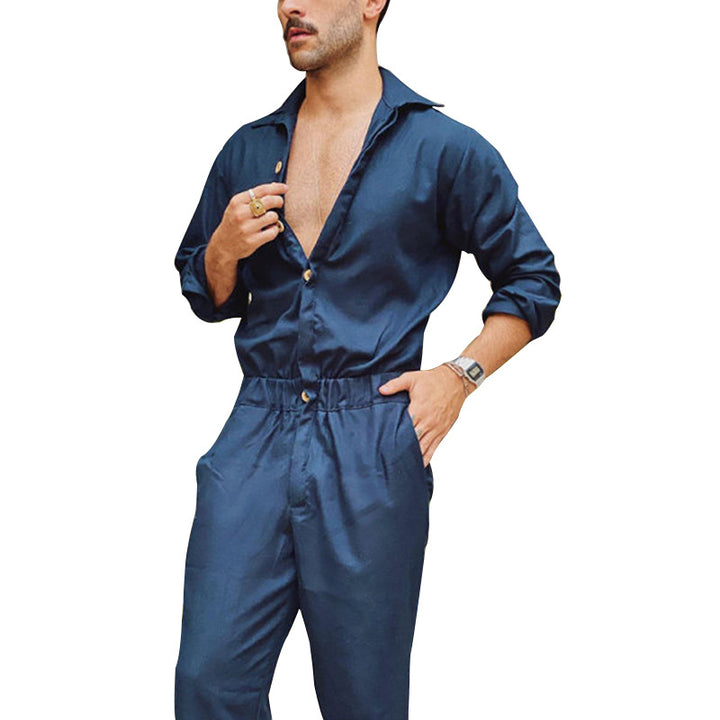 Herren nan utilitaristisk jumpsuit med skjortekrave, elastisk talje og koniske ben Skovae