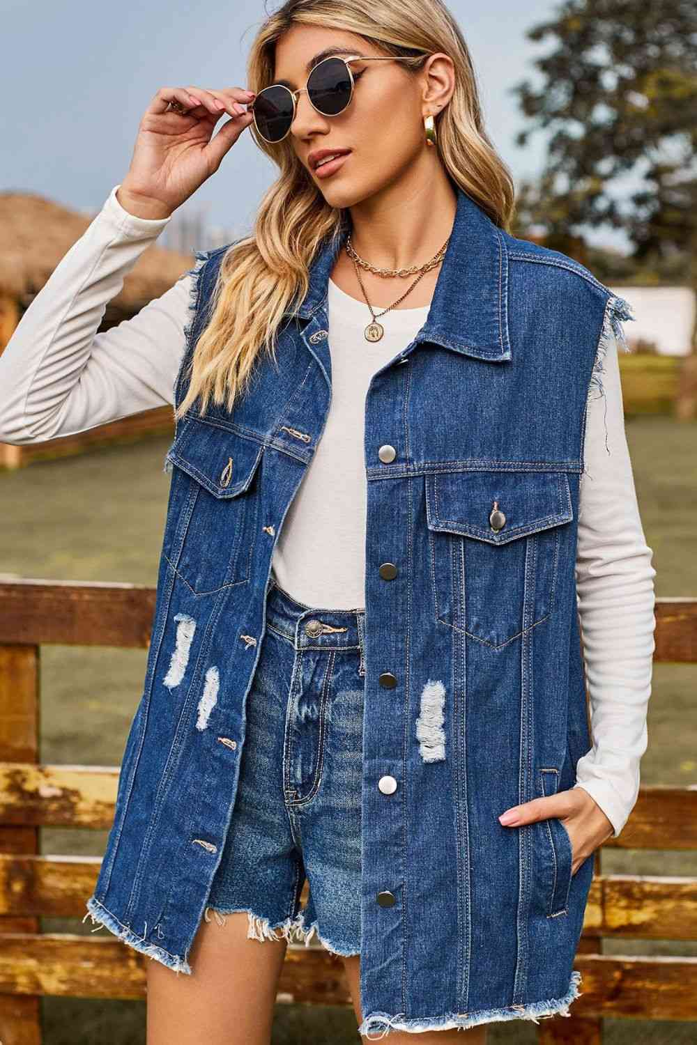 Stilla | Knap-oppet Krave Denim Top Med Lommer