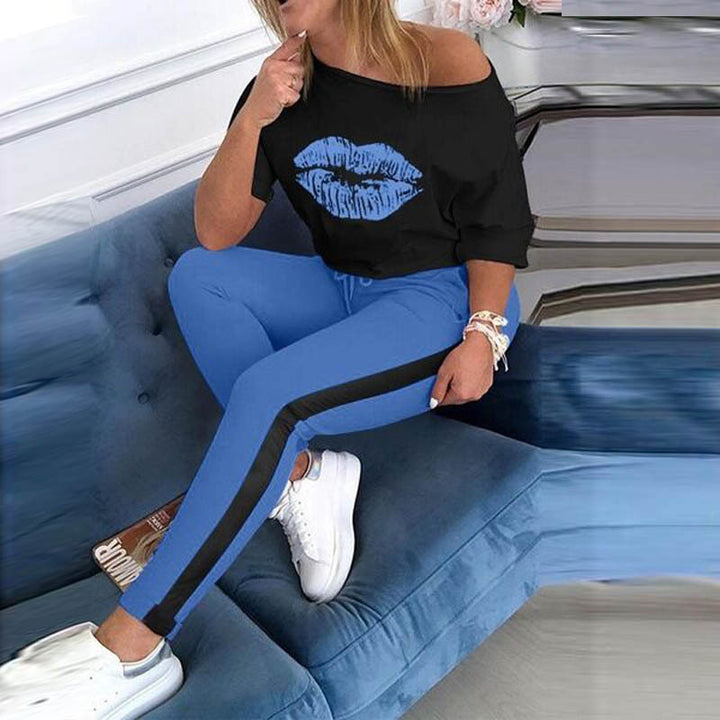 Dame Off-Shoulder Grafik Sweatshirt og Jogger Sæt Stilla