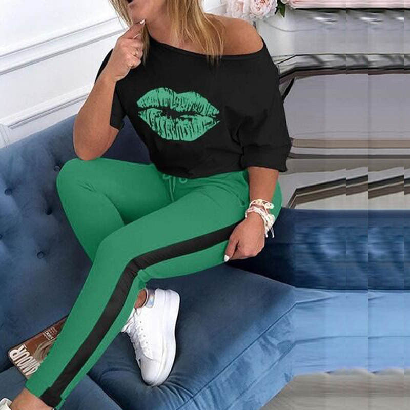 Dame Off-Shoulder Grafik Sweatshirt og Jogger Sæt Stilla