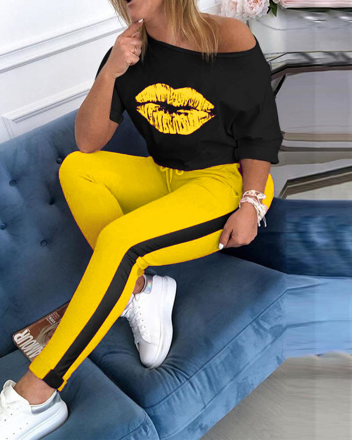 Dame Off-Shoulder Grafik Sweatshirt og Jogger Sæt Stilla