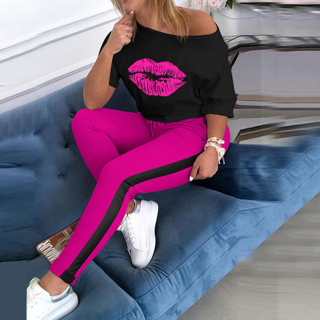 Dame Off-Shoulder Grafik Sweatshirt og Jogger Sæt Stilla