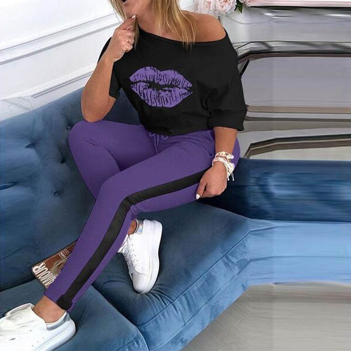 Dame Off-Shoulder Grafik Sweatshirt og Jogger Sæt Stilla