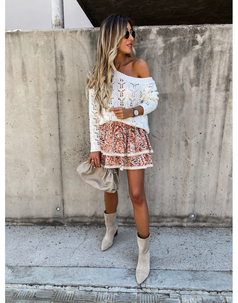 Dame Off-Shoulder Striktrøje med filigran hulmønster Stilla
