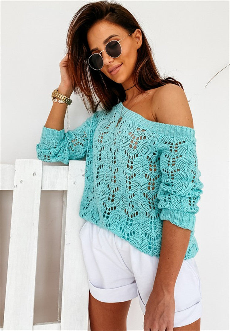 Dame Off-Shoulder Striktrøje med filigran hulmønster Stilla