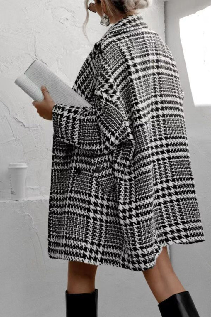 Stilla | Frakke med lange ærmer, houndstooth mønster og lommer