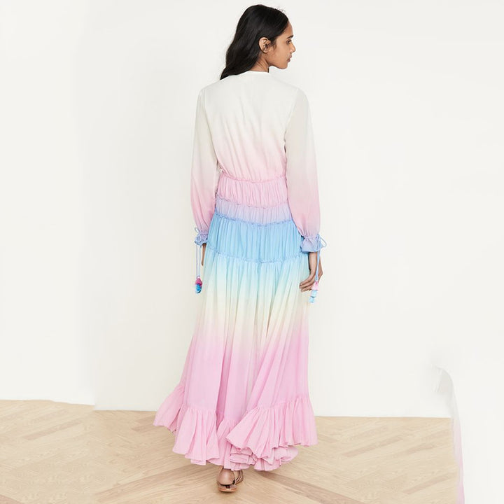 Dame Boho Maxikjole med flæsedetaljer og skinnende farvegradient Stilla