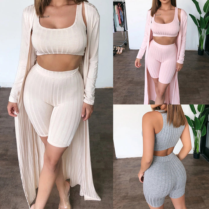 Dame Sportsæt med lang Cardigan, Crop Top og Shorts Stilla