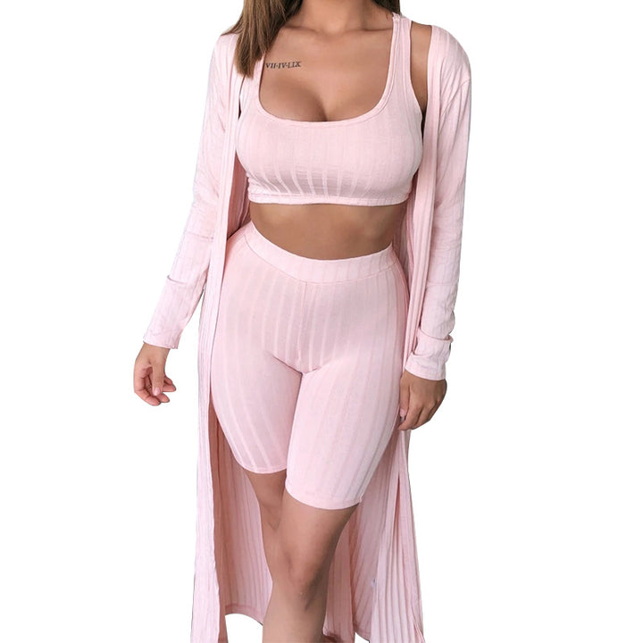Dame Sportsæt med lang Cardigan, Crop Top og Shorts Stilla
