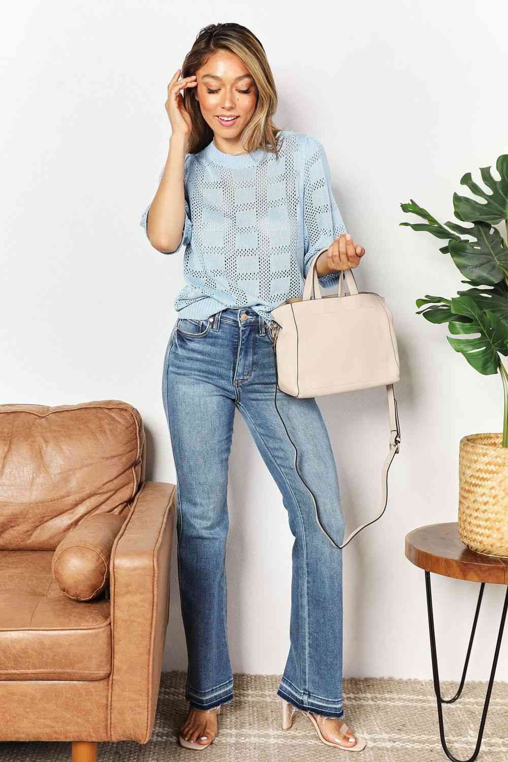 Stilla | Take Ribbet Trim Rund Hals Strik Top