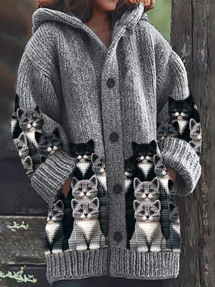 Stilla | Komfortabel Strikket Katteprint Cardigan